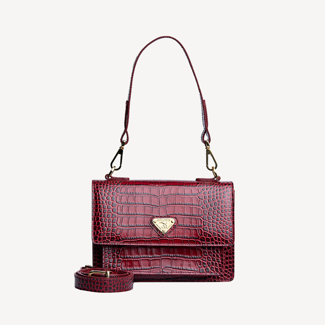 URSY | Umhängetasche Mollerus croco antique rot/gold  - frontal